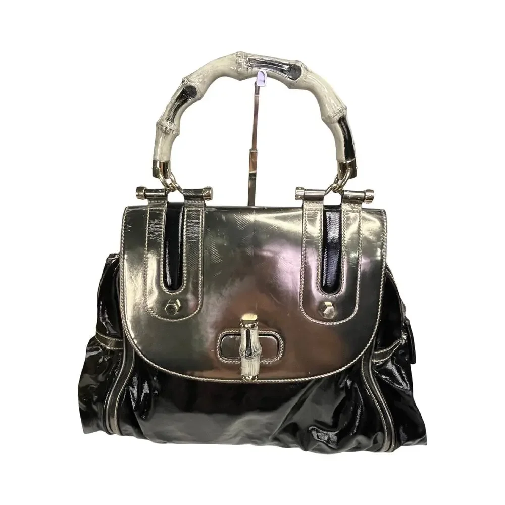 Gucci Dialux Pop Bamboo Top Handle Two Way Satchel Bag Black Silver Large